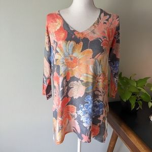 Soft Surroundings Soft Floral Vneck 3/4 Sleeve Tunic Sweater Womens XS Loose 153